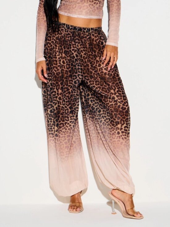 Pants - Tan Digital Leopard Print Sheer Wide Leg Pants - Ombre Fade